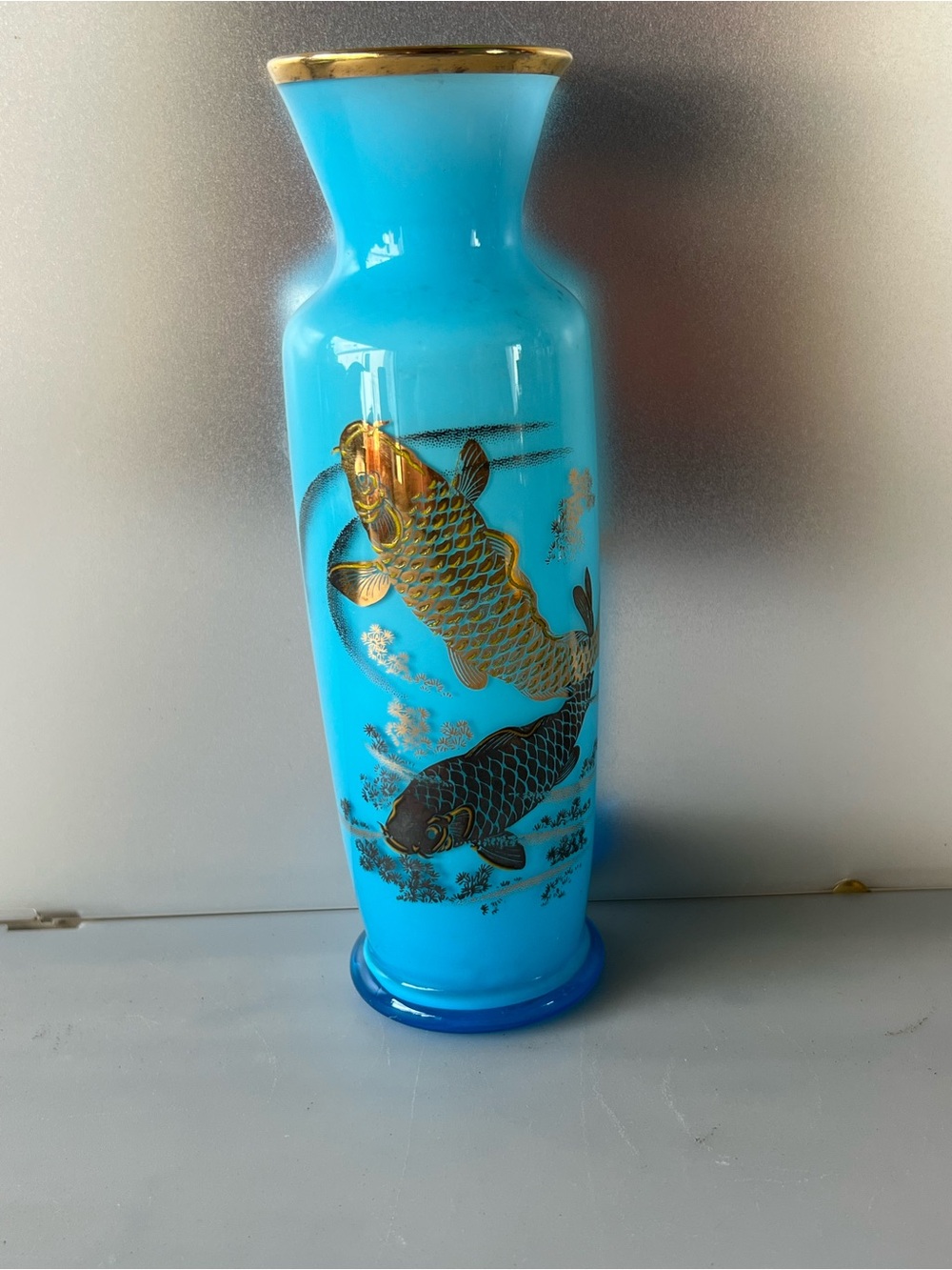 Blue Koi Glass Hand Painted Gold Vase